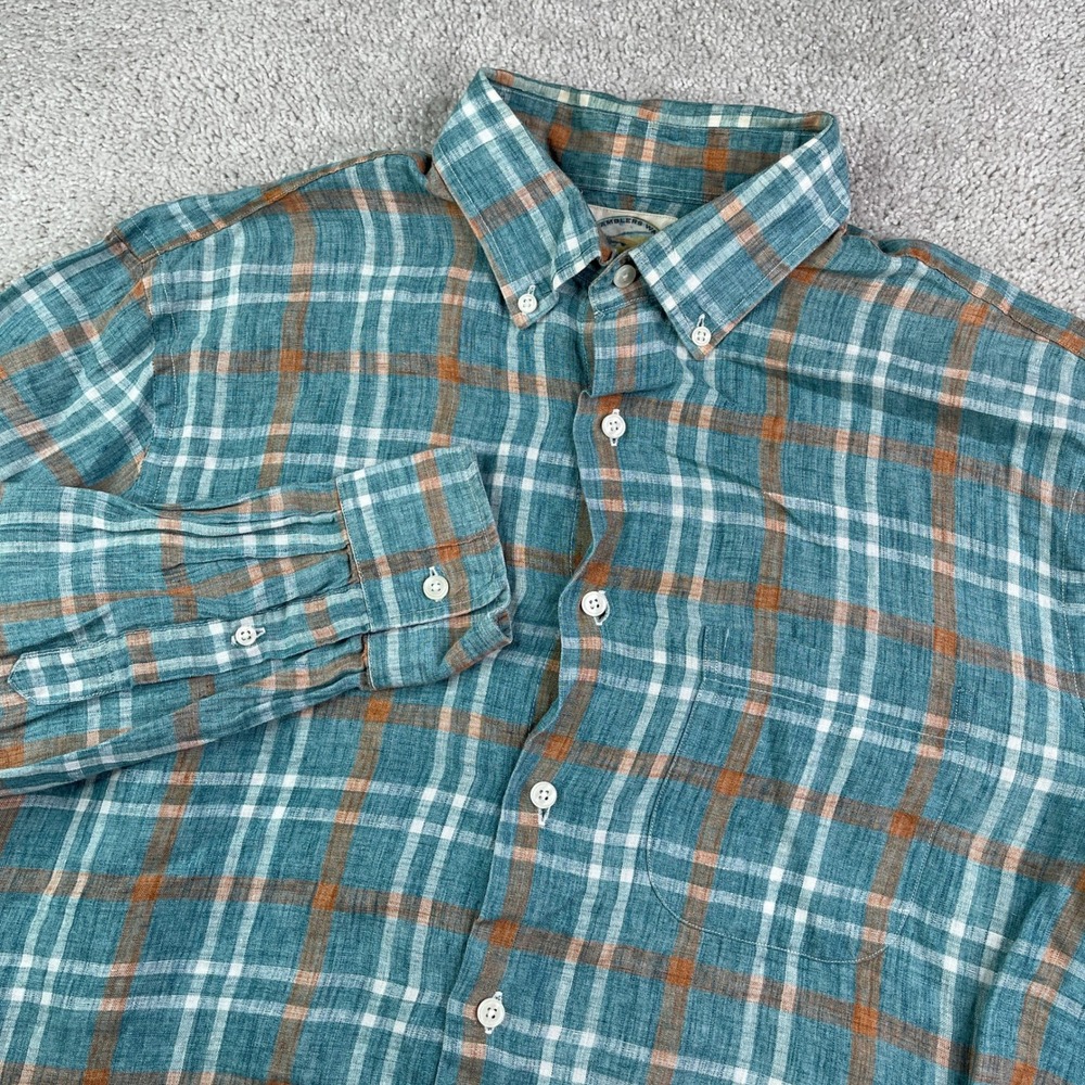 Ramblers Way Shirt Mens Large Blue Plaid Linen Button Down Made In USA Coastal